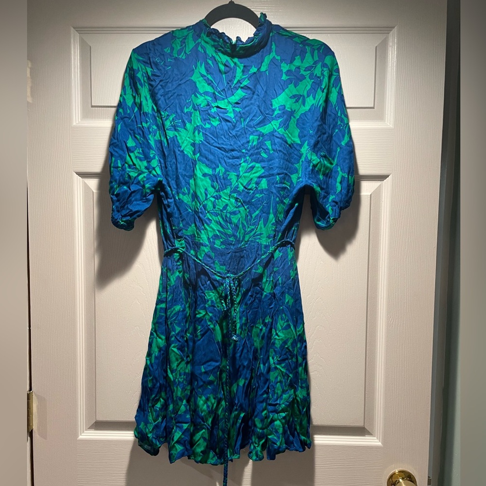 Olivaceous Mini Dress. Green and Blue. Large. Ruffled Neckline.